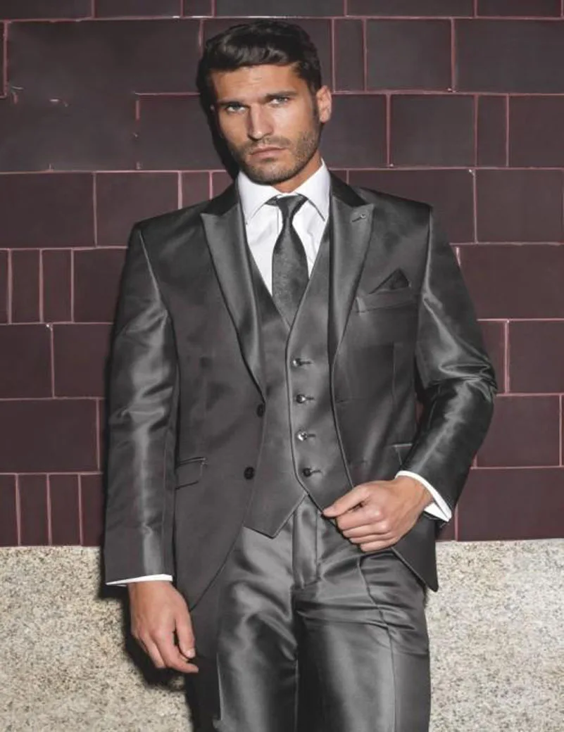 Mens Suit Silver Dark Grey Shiny 3 Piece Work Wedding Party Suit Short Long /& Re