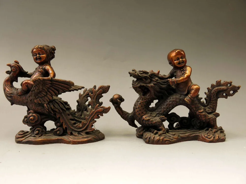 

free China bronze sculpture carved copper Feng Shui dragon boy phoenix girl Statue fast