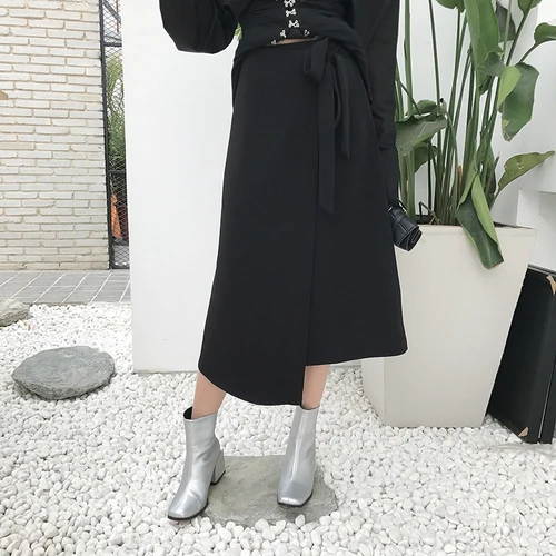 

Long Black Skirt for Women Fall 2019 Japanese Harajuku Streetwear Lace Up High Waist Slit A Line Asymmetrical Wrap Skirt B141