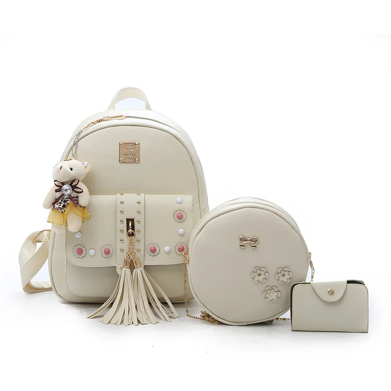 Backpack Female 3 Piece Combination Composite Bag Bear Hanging Inlaid