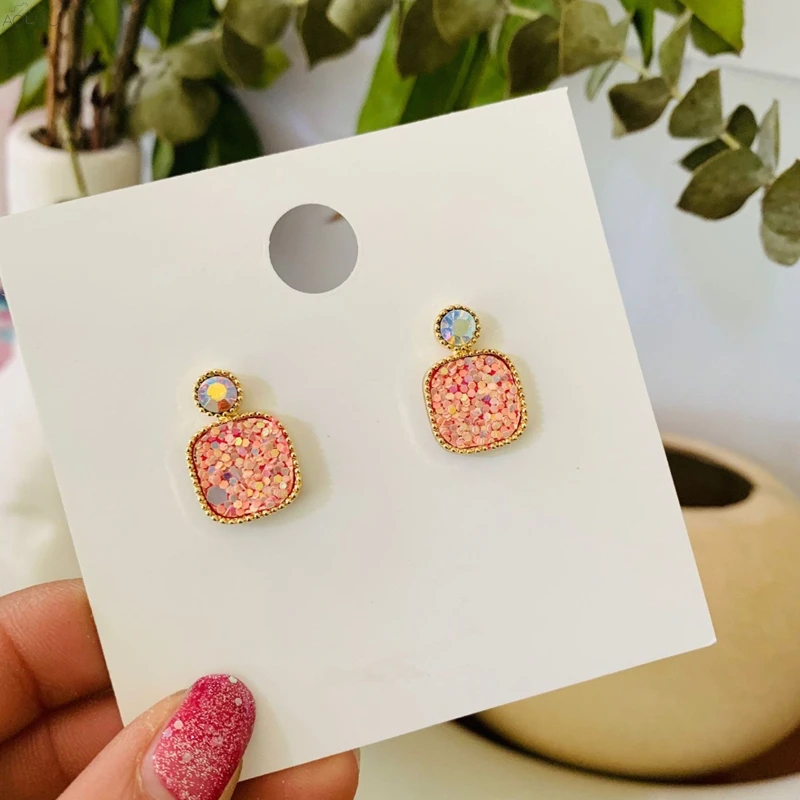

AOMU Sweet Personality Color Sequin Rhinestone Shiny Geometric Square Stud Earrings for Women Girl Party Gift Brincos Jewelry