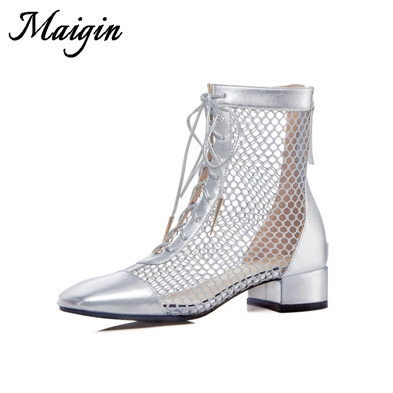 Maigin Leather Ankle Boots For Women Square Toe Lace Up Summer Women Sandals 2018 Newest Mesh Silver Block Heels Female Shoes
