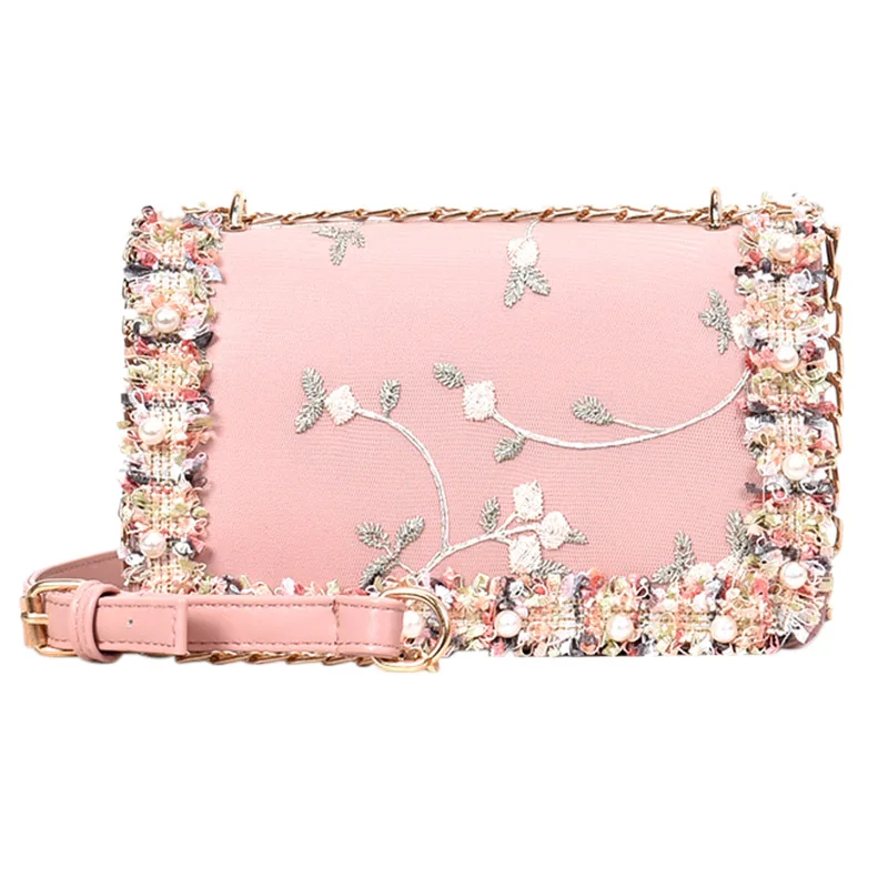 

Flowers Women bag New handbag High quality PU Leather Sweet Girl Square bag Flower Pearl Chain Shoulder Messenger Bag(Pink)