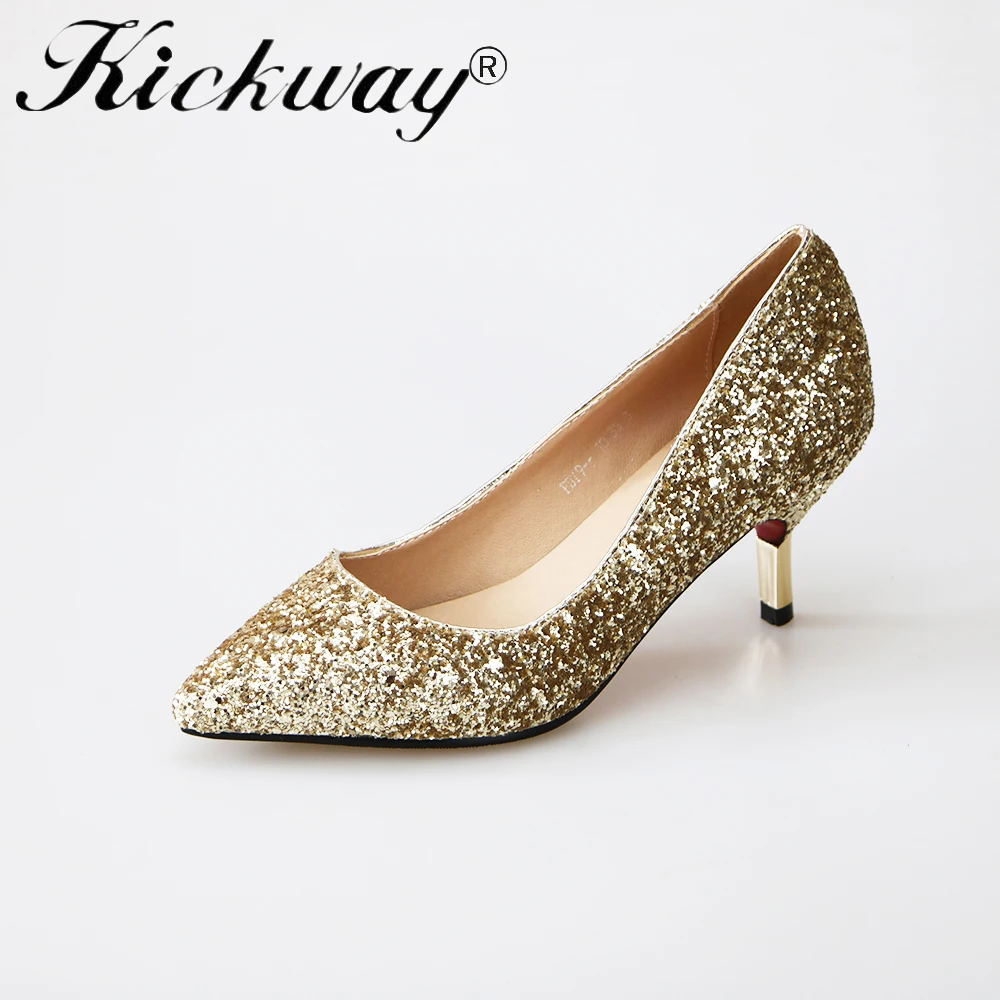 Kickway/коллекция года; пикантные женские черные туфли на высоком каблуке с острым носком; цвет золотистый, Серебристый; вечерние и свадебные туфли; блестящие женские туфли на шпильке