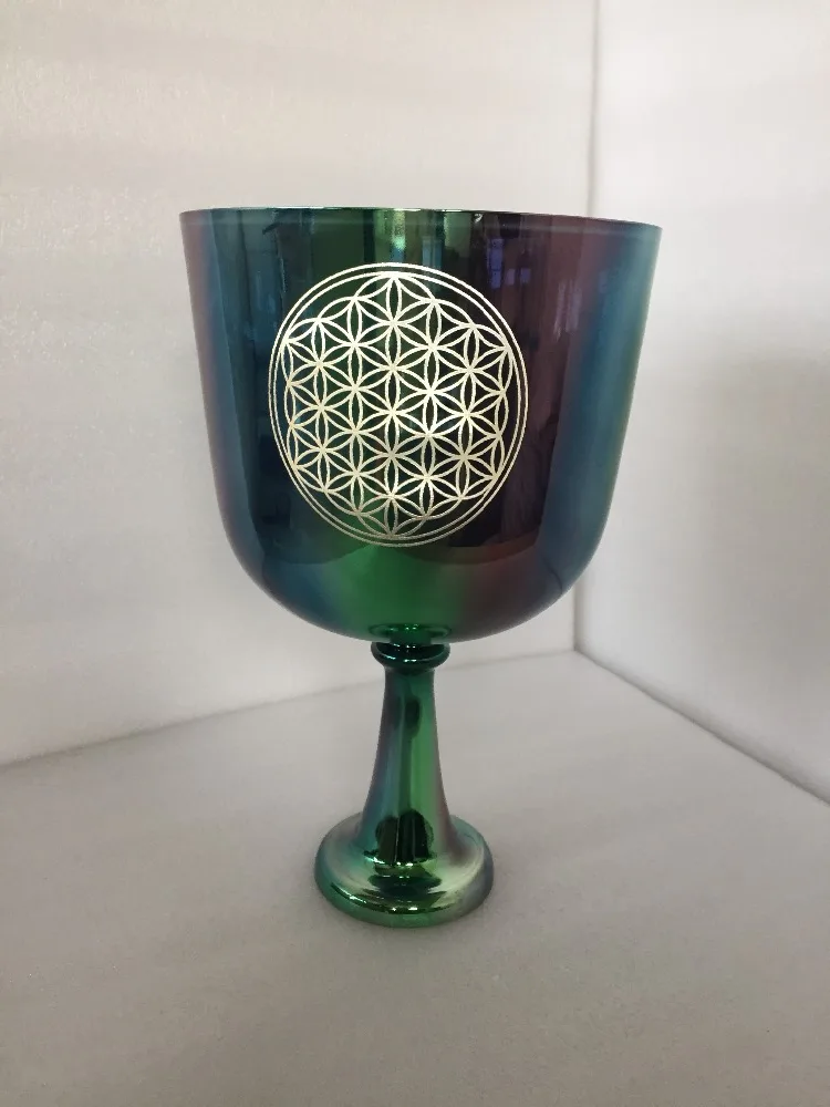 

3th Octave about 7.5" Alchemy Crystal Singing Chalice & Grail with flower of life Carved Design Perfect Heart chakra F Note