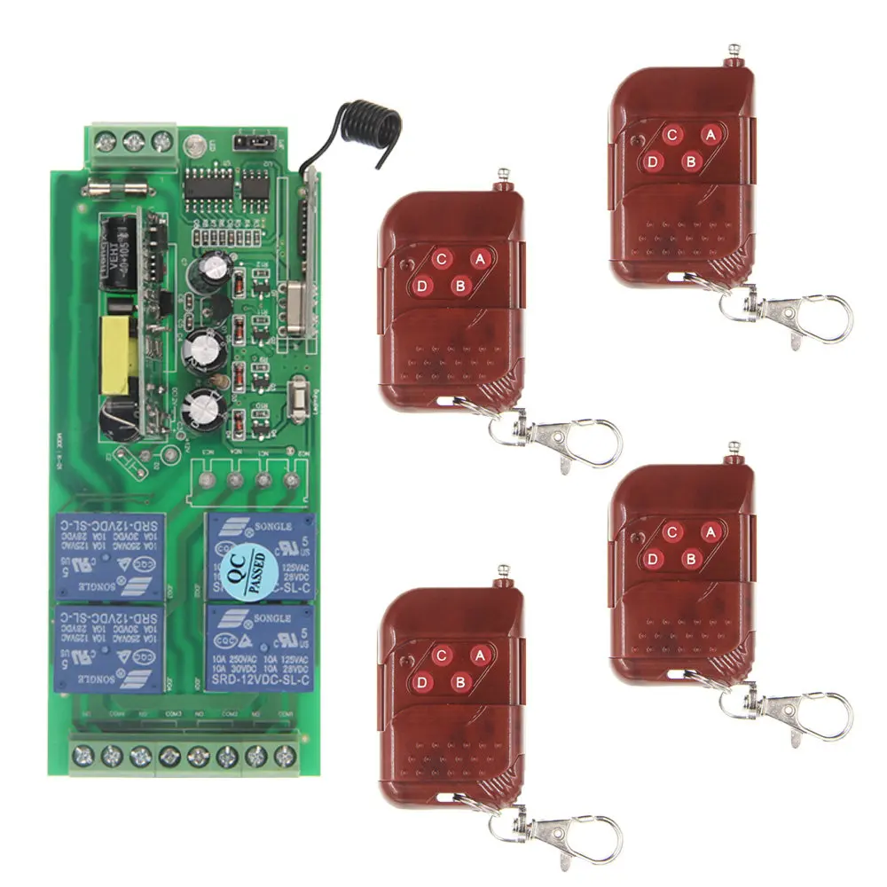 

AC 85-265V 110V 220V 10A 4CH 4 CH Remote Control Switch RF Wireless Receiver 315 / 433 MHz Toggle / Latched / Momentary