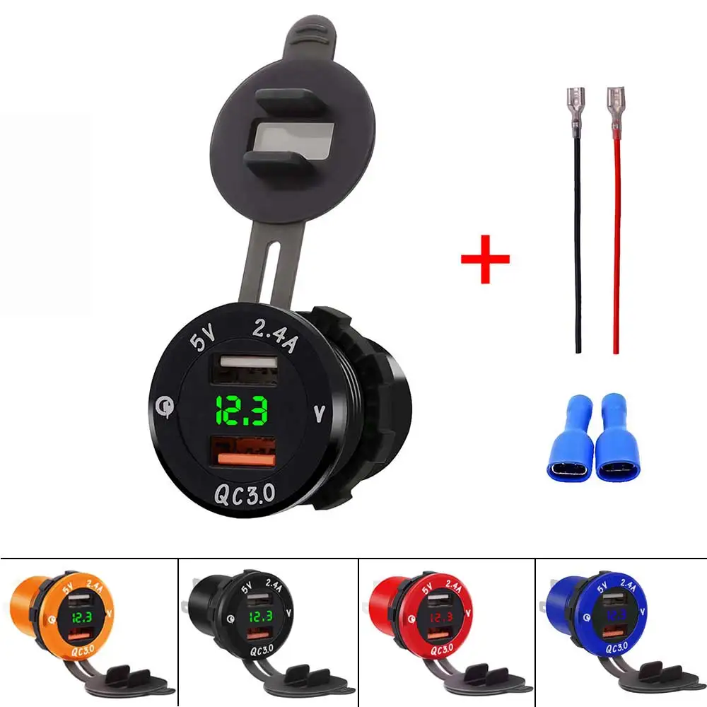 

Aluminum Alloy 12V-24V Qucik Charge QC 3.0 Dual USB Car Boat Motorcycle Cigarette Lighter Socket LED Digital Voltmeter Meter
