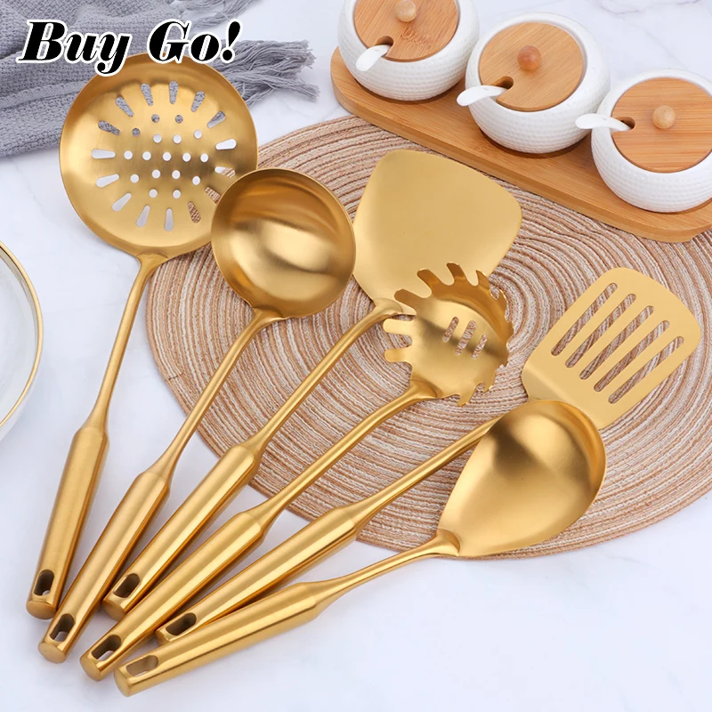 

1PC Stainless Steel Cooking Tools Set Gold Soup Ladle Spoon Slotted Shovel Turner Cooking Utensils Spatula Strainer Pasta Server