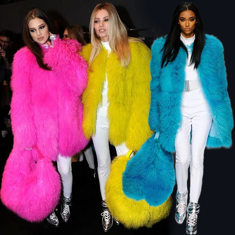 

2018 Milan Show Womens Lamb Fur Coat Tan Sheep Fur Coats Long Sheep Skin Jacket 70cm Mongolia Sheep Fur In Real Fur Coat