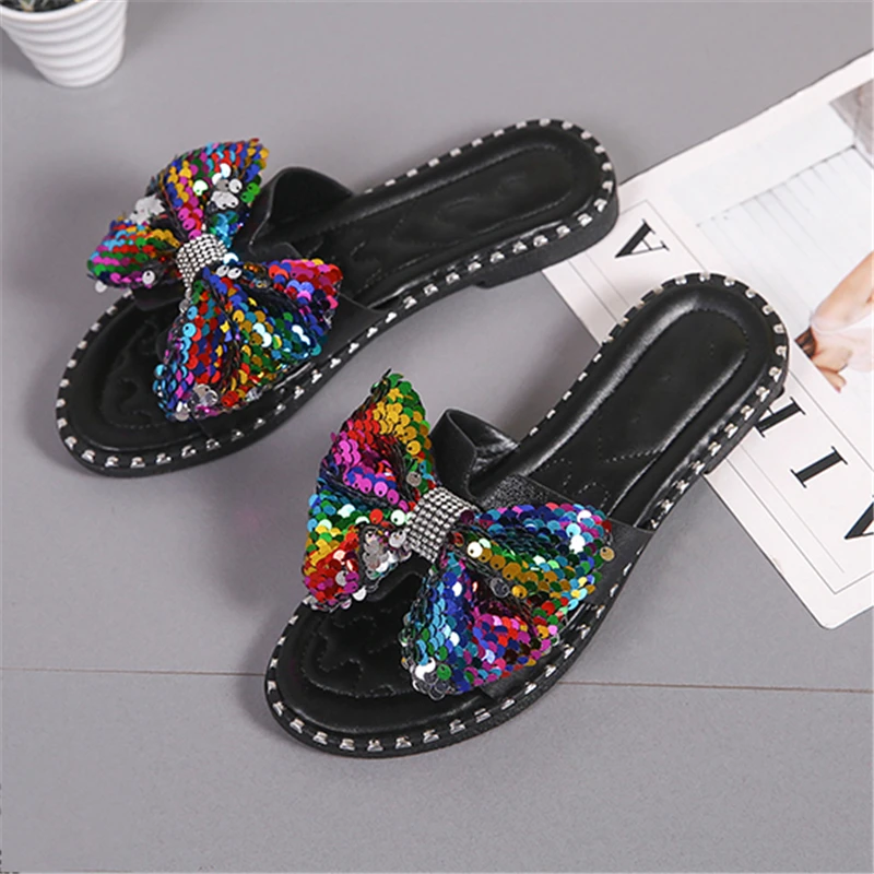

Flat Slippers Bow Tie Sequins Women Summer Shoes Fashion Bow Tie Slides Women Basic Beach Slippers Black Ladies Outdoor Shoes