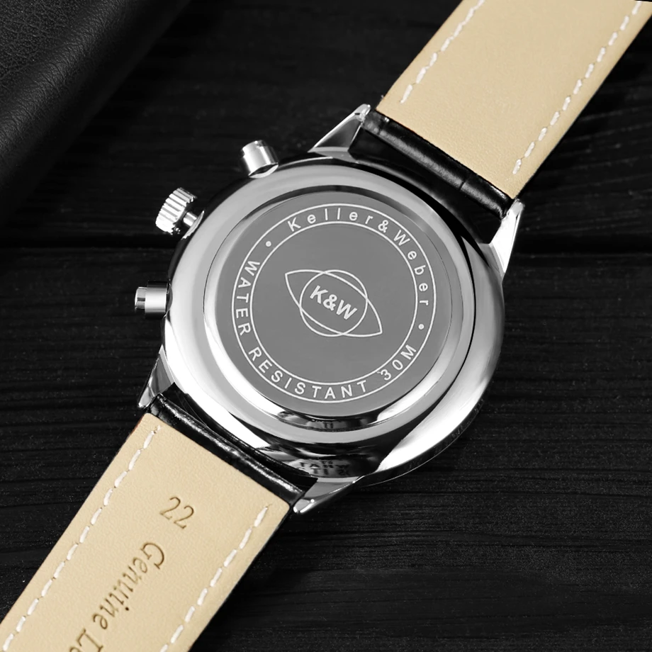 Keller & Weber Mens Watches 30m Waterproof Quartz Business Watches Date Display Genuine Leather Band Relogio Masculino Best Gift (6)