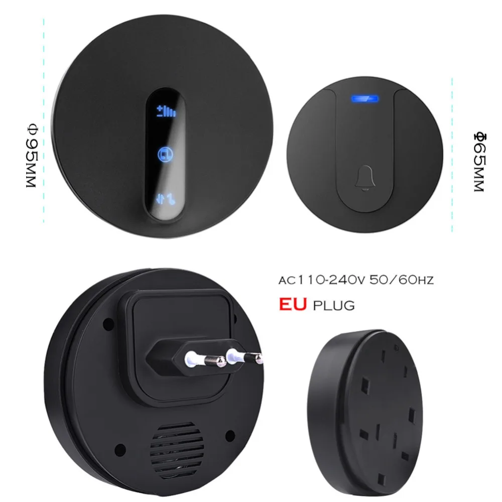 SMATRUL self powered New Waterproof Wireless Doorbell EU Plug 150M Remote smart Door Bell Chime ring  1 2 button 1 2 3 receiver no battery Deaf Gorgeous lighting black 6