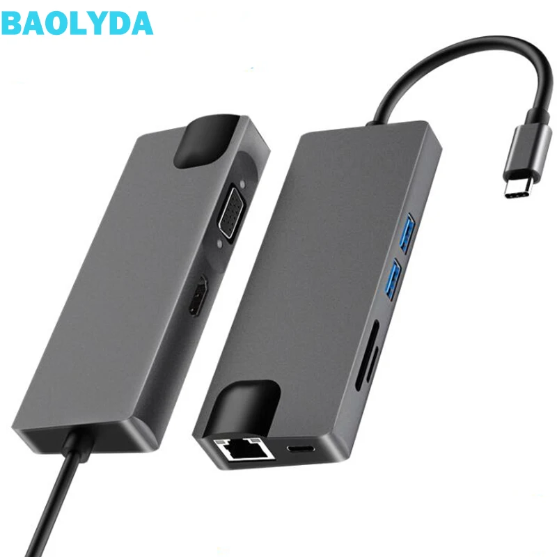 

Baolyda USB C Dock 8in1 USB Type C Adapter with Ethernet 4K USB C to HDMI USB 3.0 VGA SD/TF Reader for Mac Pro Type C Laptops