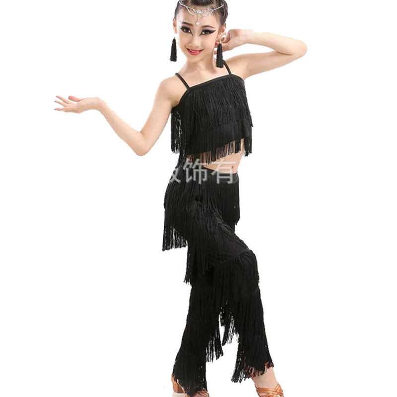 Colors Samba Latin dancewear costumes Girls Salsa ballroom Fringe trim dance Top&Pants costume Adult Ballroom dancing dress