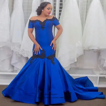 

Robe de Soiree Courte Royal Blue Black Lace Formal Evening Gowns Short Sleeve Plus Size Prom Dresses Cheap Mermaid Sweep Train
