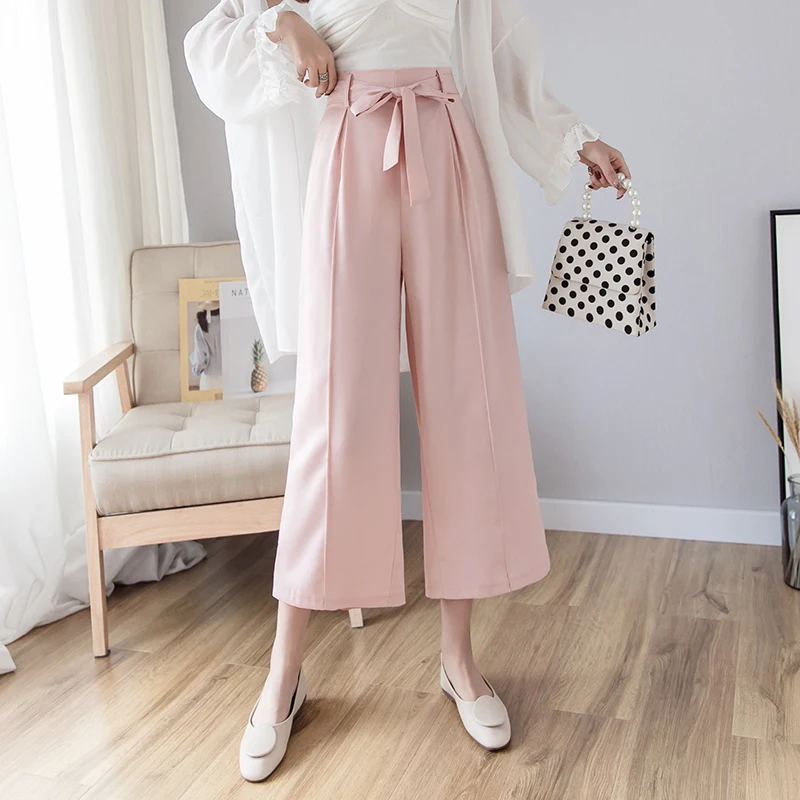 

Women Elastic High Waist Chiffon Wide Leg Pants Elegant Bow Tie Pantalon Femme Summer Loose Thin Trousers Plus Size Casual Pants