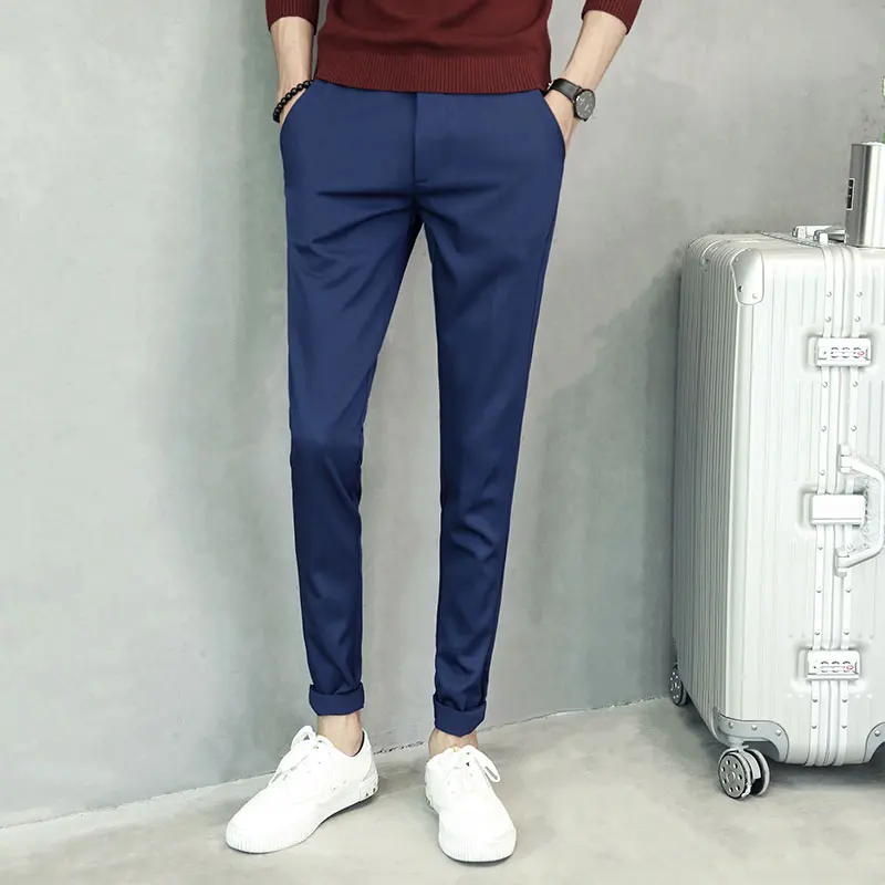 Новые однотонные повседневные облегающие брюки мужские черные синие простые брюки мужские качественные Стрейчевые корейские трендовые чиносы мужские размера плюс