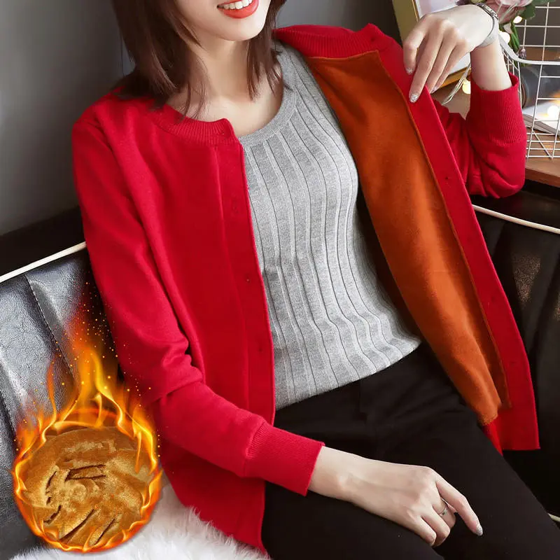 

Autumn Winter Plus Velvet Thick Sweater Women Knit Cardigan Loose Short Coat O-Neck Casual Long Sleeve Knit Sweater Women Q1681