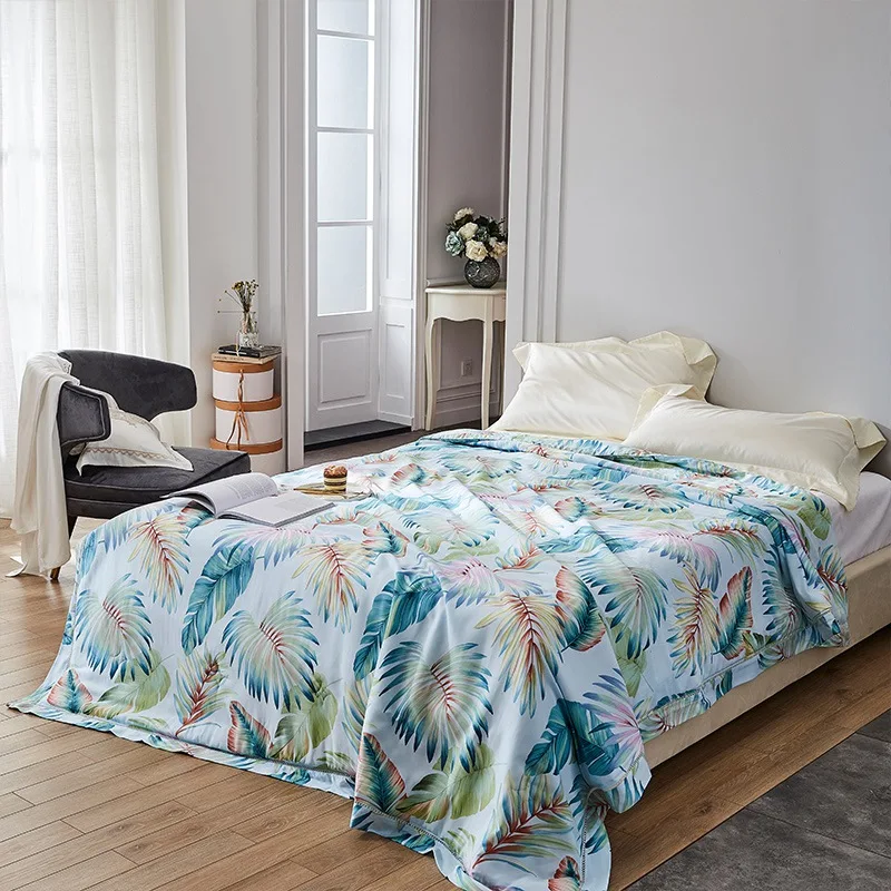 

Summer Quilt tropical leaf print blanket king bed linen lDuvet Bedclothes 100% Satin Cotton Outer Cover Soft silk feeling Throw