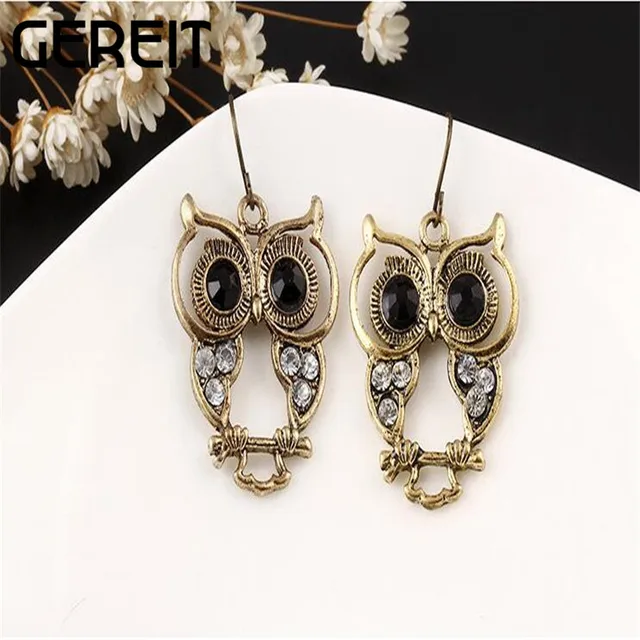 Ethnic Vintage Gold Earrings Owl Dangle Drop Black Ethnic Vintage Gold Earrings Owl Dangle Drop Black White Rhinestone Long For Women