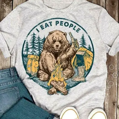 Футболка для кемпинга Bear I Eat People Campfire серая хлопковая футболка мужчин и женщин