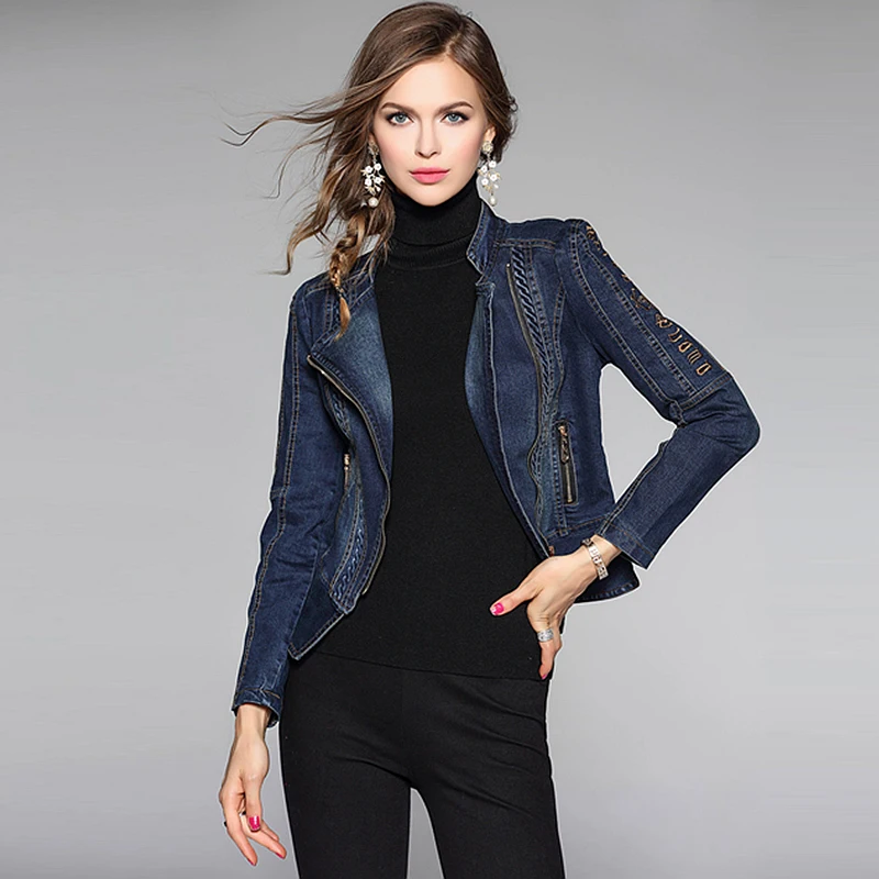 Embroidery Denim Jacket Women Classical Motor Style Vintage Long