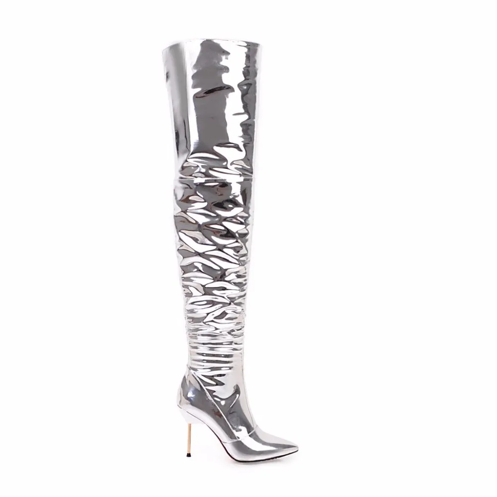 Arrivée Pu Femmes Bottes Bout 2018 Talons Grande Mince Pointu Zip the genou Chaussures Flock Nouvelle Femme Taille Argent Sexy Over Haute Super kPZXiuwOlT