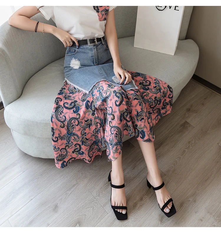 Trytree Summer Women two piece set Casual O-Neck Tops+ Skirt Demin Patchwork Print Hem Belt Pocket Suit Office Lady 2 Piece Set