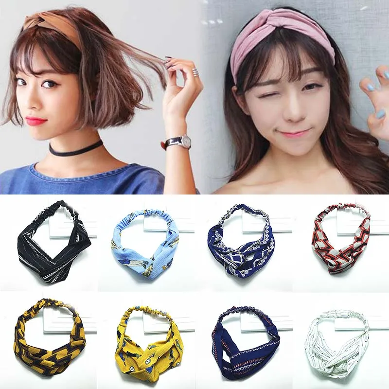 

Fashion 19 Colors Bohemian Style Korean Elastic Hairbands Boho Cross Floral Printed Turban Girls Chiffon Striped Women Headwrap
