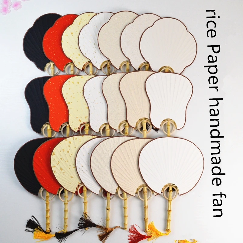 

Vintage Handle Rice Paper Fan White Red Black Traditional Craft Fan Adult DIY Painting Chinese Bamboo Root Decorative Fan Gift