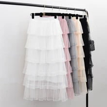 Lace Tulle Skirt Women 2019 Korean Fashion High Waist Elegant Long Maxi Skirt Female Black Pink Mesh Tiered Skirt Girl Lace Tulle Skirt Women 2019 Korean Fashion High Waist Elegant Long Maxi Skirt Female Black Pink Mesh Tiered Skirt Girl