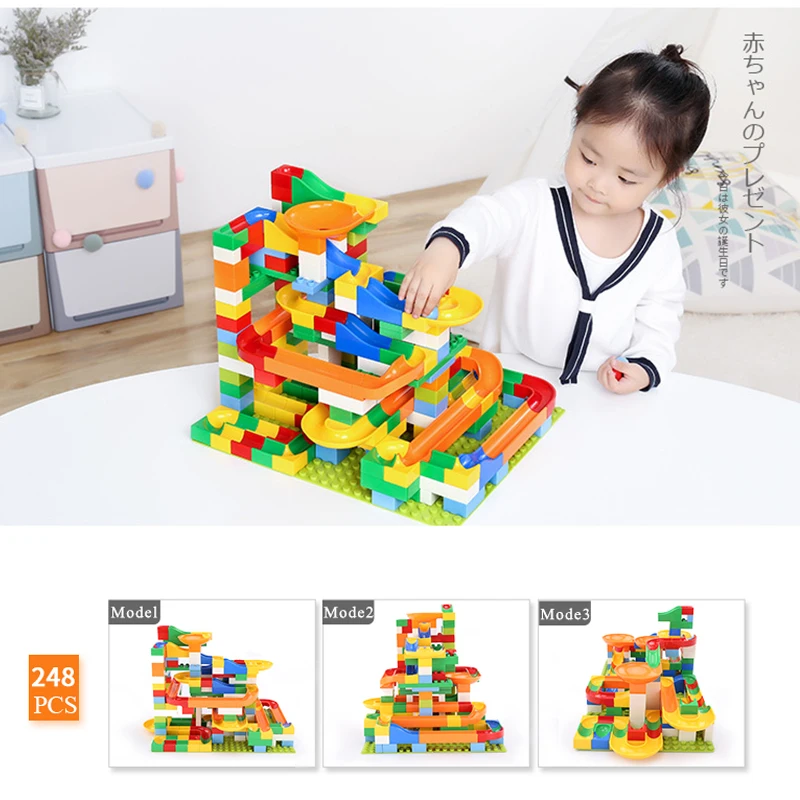 54-248PCS Marble Race Run Maze Ball Track Building Blocks Toys Funnel Slide Big Size Bricks Compatible Legoingly Duplo Block