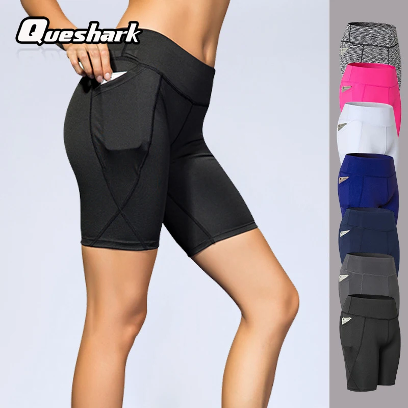 

Queshark Professional Women Running Shorts High Waist Stretchy Fitness Leggings Seamless Compression Tights Shorts With Pocket