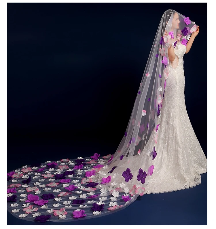 

New 3 Meters One Layer Colourful Petal Bridal Veil Wedding Accessories Bride Mantilla Wedding Veil