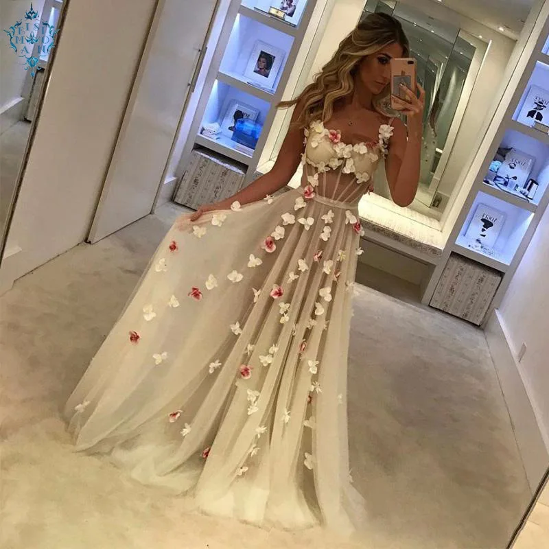 

Ameision New Straps 3D Flowers Evening Dress 2019 Boho Formal Arabic Evening Gowns Prom Party Dresses Banquet robe de soiree
