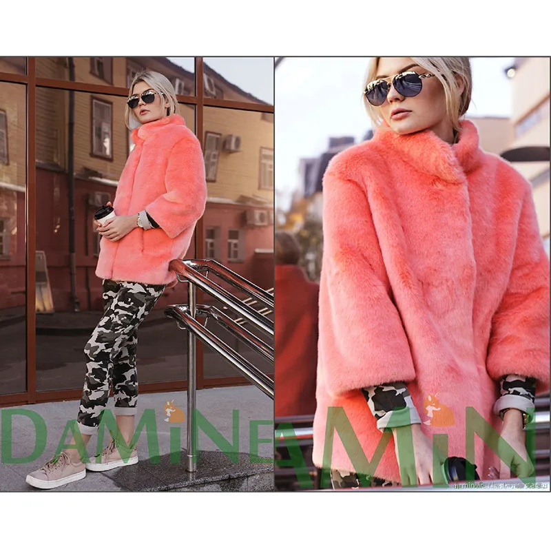 

FURSARCAR Luxurious Pink Color Mink Fur Coat Stand Collar Real Natural Fur Women Warm Winter Mink Plus Size Pockets Solid
