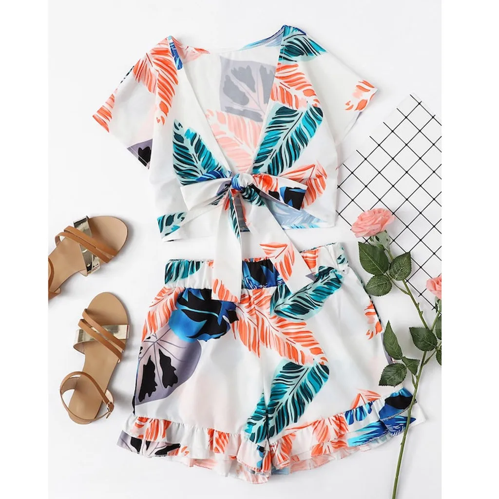 

Fashion Women Printed Short Sleeve Bandage V-Neck Blouse+Shorts Hot Pants Set summer style suit set women outfits #0321
