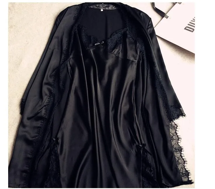 Осенняя одежда года; весенняя женская обувь с изображением черного вызывающего кружевного халат дамы из двух частей сексуальный нижнее белье, одежда для сна, халат M-XXL