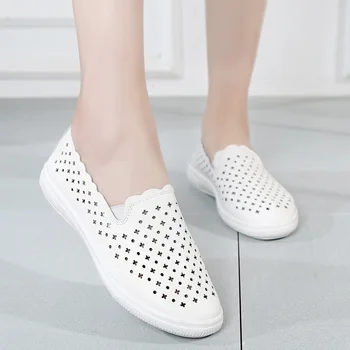 

spring summer new breathable hollow white shoes flat bottom Lok Fu shoes women's net shoes pedal casual shoes