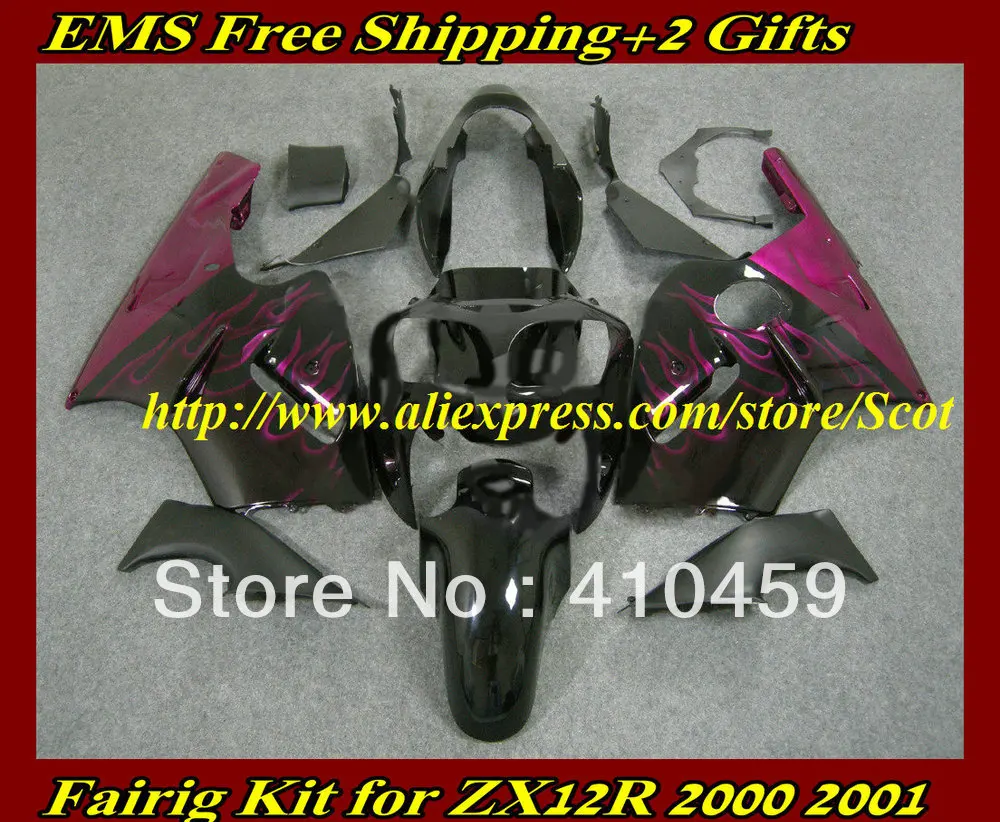 

ABS pink flames black Fairing kit for KAWASAKI Ninja ZX12R 00 01 ZX 12R 2000 2001 ZX-12R 00-01 2000-2001 Fairings body work