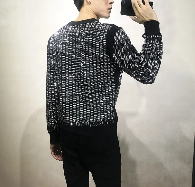 Mens Black Rhinestone Beading Bling Party/Event Long Sleeve Tee/T Shirt