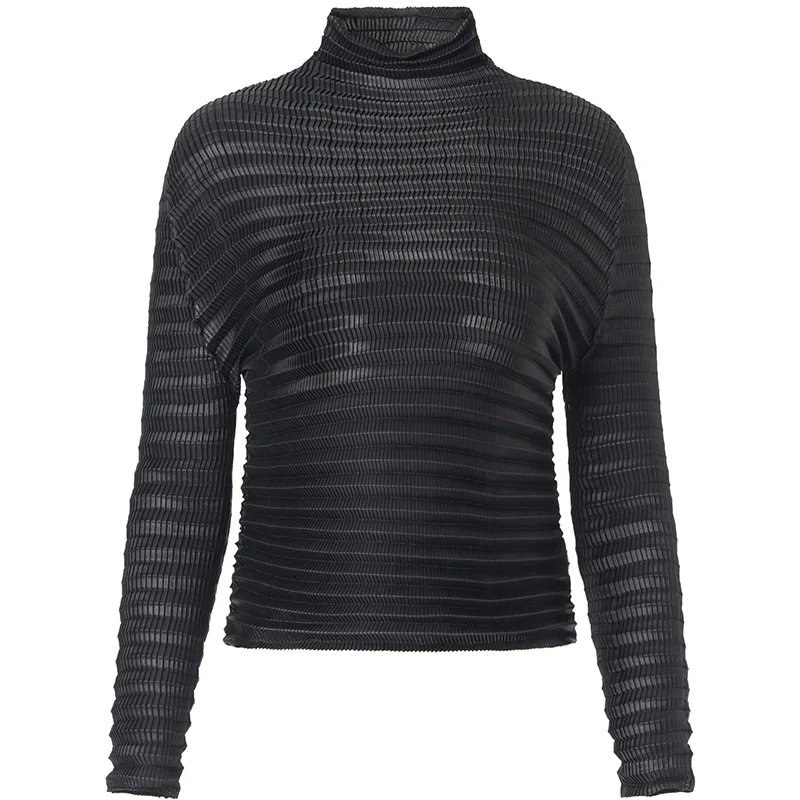 

Long-sleeved autumn and winter clothing new three-dimensional design pleated striped high collar ladies t-shirt MIYAKE