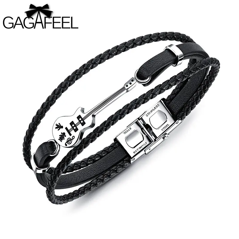 

GAGAFEEL Guitar Bracelet For Men Braided Rope Bangle Multilayer Genuine Leather Bracelets Stainless Steel Magnatic Bracelets