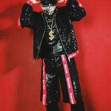 M-6XL! /крутая черная блестящая бейсбольная куртка с блестками и лентами DJDSMC костюм ГОГО сценический костюм