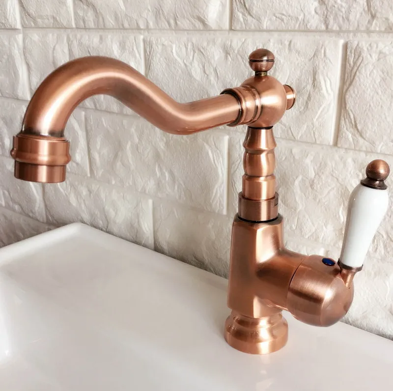 Antique Red Copper Brass Bathroom Kitchen Basin Sink Faucet Mixer Tap Swivel Spout Single Handle One Hole Deck Mounted mnf396