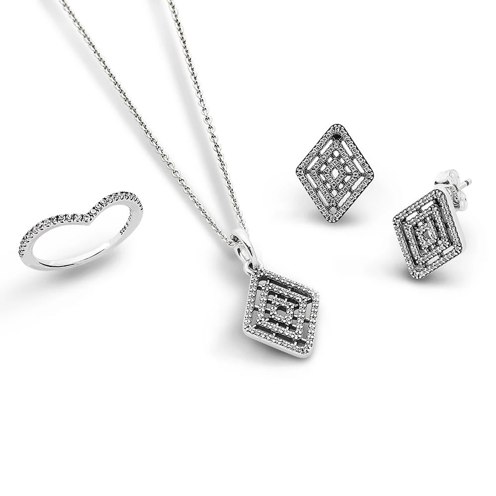 

925 Sterling Silver Necklaces for Women Geometric Shine Jewelry Set Pendant Girl Fashion Choker Chain fit Lady Jewelry