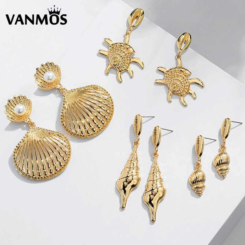 

New Exaggerated Cowrie Shell Pendant Earrings for Women Gold Color Geometric Irregular Conch Starfish Brincos Jewelry Gift 2019