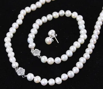 

8-9mm White Akoya Cultured Pearl Jewelry Bracelet Necklace Earrings Set 18"7.5"