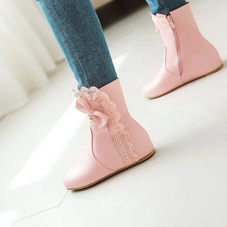 PXELENA/милые ботильоны mary janes в стиле Лолиты; обувь для девочек; Новые ботильоны на скрытом низком каблуке с бантиком-бабочкой и оборками для женщин; цвет белый, розовый