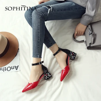 

SOPHITINA Sandals Women Square Crystal Heel Fashion Patent Leather Dress Sandals Sexy Comfortable Pointed Toe Shoes Women MO170